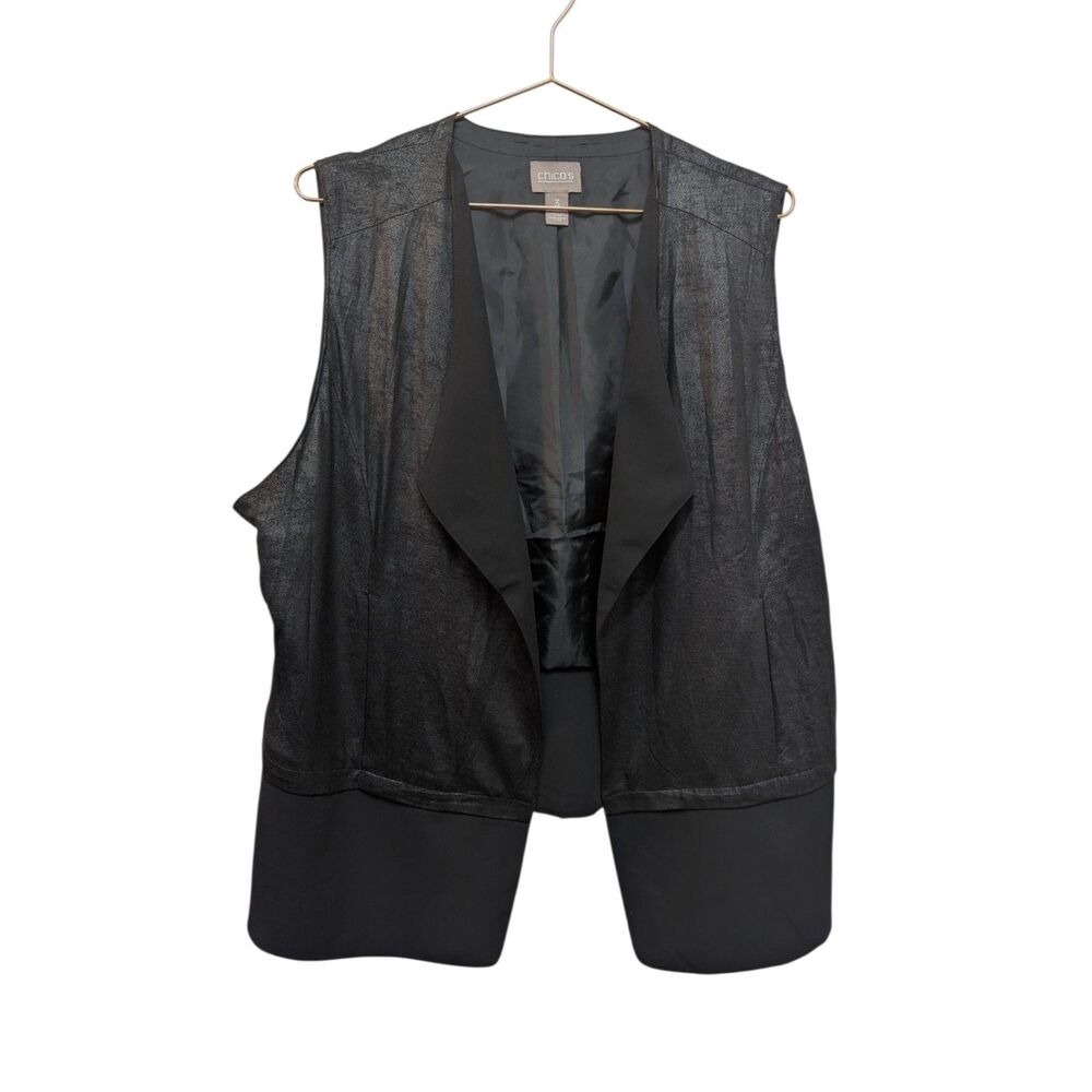 Chicos Black Open Vest Draped Sleeveless Layering Waistcoat Moto Top Size 3 XL